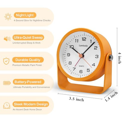 Lamisola 3.5 Inch Bathroom Clock, Small Alarm Clock for Bedroom, Orange | Battery Travel Desk Table Analog Clock for Kids Seniors Teens, Retro Cute Metal Home Decor Shelf Clock, Night Light Snooze