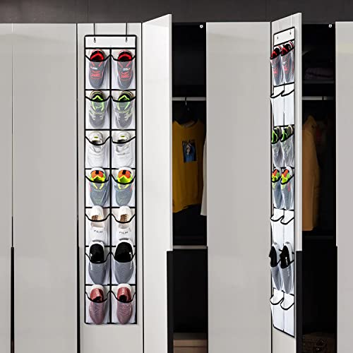 KEEPJOY 2 Pack White 14 Pockets Over the Door Shoe Organizer, Hanging Shoe Organizer with 4 Hooks, Shoe Holder with 14 Mesh Pockets Closet Door Shoe Storage Bag (White-2Pack)