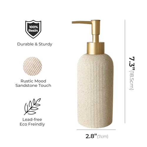 Sand Beige Hand Soap Dispenser with Matte Gold Pump, 7 oz | Luxury Farmhouse Boho Zen Style, Sandstone Finish, Lotion & Dish Soap Dispenser for Bathroom and Kitchen