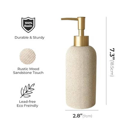 Sand Beige Hand Soap Dispenser with Matte Gold Pump, 7 oz | Luxury Farmhouse Boho Zen Style, Sandstone Finish, Lotion & Dish Soap Dispenser for Bathroom and Kitchen