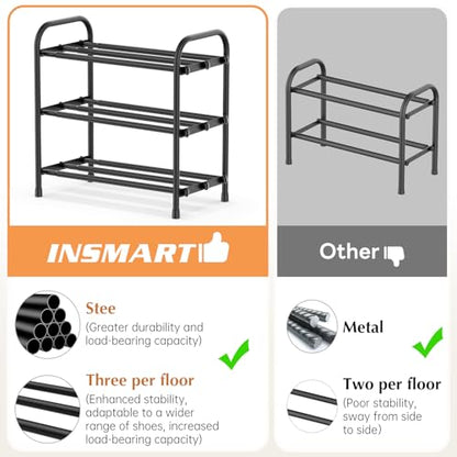 INSMART 3-Tier Expandable Shoe Rack, Stackable and Adjustable Shoes Organizer Storage Shelf, Sturdy and Durable Metal Structure Free Standing Shoe Rack for Closet Entryway Doorway