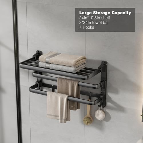 24-Inch Towel Rack,Bathroom Towel Shelf with 2 Towel Bar Foldable Towel Holder with 7 Hooks Towel Storage Organizer for Bathroom & Lavatory Wall Mounted (Matte Black)