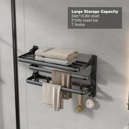 24-Inch Towel Rack,Bathroom Towel Shelf with 2 Towel Bar Foldable Towel Holder with 7 Hooks Towel Storage Organizer for Bathroom & Lavatory Wall Mounted (Matte Black)