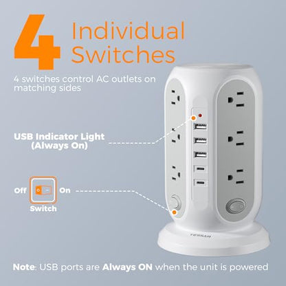 TESSAN Tower Power Strip Surge Protector, Flat Extension Cord 10 Ft, Grey | Individual Switches with 12 Outlets, 5 USB Ports(2 USB C), Flat Plug, Charging Station for Multiple Devices, Office, Dorm