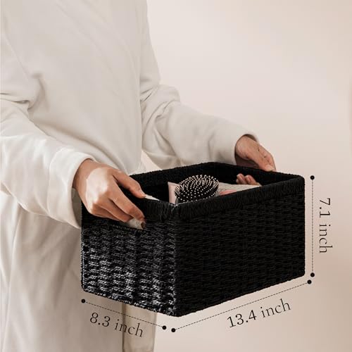 UBBCARE 2 Pack Wicker Basket, 13.4L×8.3H×7.1W inch Woven Paper Rope Storage Baskets for Shelves, Foldable Rectangular Storage Baskets with Handle, Storage Basket for Organizing, Black