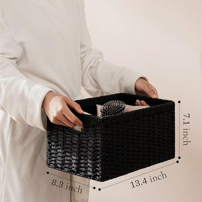 UBBCARE 2 Pack Wicker Basket, 13.4L×8.3H×7.1W inch Woven Paper Rope Storage Baskets for Shelves, Foldable Rectangular Storage Baskets with Handle, Storage Basket for Organizing, Black