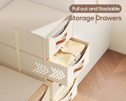 Stackable Storage Drawers - Collapsible Storage Bins with Drawers, 4 Pack Closet Shelf Organizer Basket, Fabric Pull Out Organizer for Bedroom, Living Room, Dorm, Beige