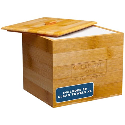 Clean Skin Club Luxe Bamboo container with Removable Cover includes Clean Towels® Original XL 50 Count, Disposable Face Towel Holder for Bathroom Counter