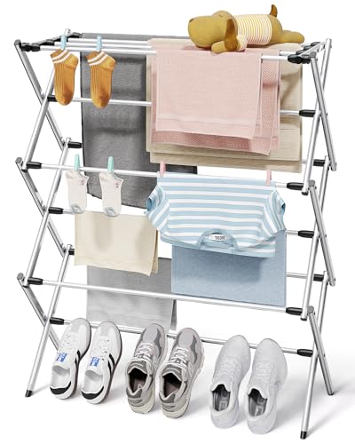 Foldable 3-Tier Clothes Drying Rack 37.4" H with Non-Slip Feet | Indoor & Outdoor Use, Space Saving, Metal Frame, 11.4" D x 29.1" W, Silver