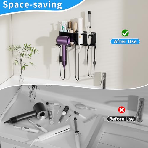 Hair Dryer Holder Wall Mounted, Adhesive and Screw Mounting, Black | Metal Hair Tools Organizer, Blow Dryer Holder for Dyson Dryer, Curling Iron, Straightener, Bathroom Hair Accessories