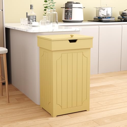 Function Home Trash Can Cabinet, 13 Gallon Kitchen Garbage Can, Wood Recycling Trash Bin, Freestanding Dog Proof Trash Can, Farmhouse Trash Cabinet with Lid for Home Kitchen Bathroom, Yellow