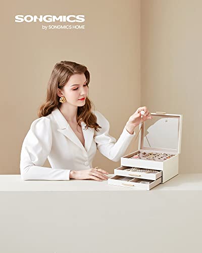 SONGMICS GISELLA Collection - Jewelry Box Organizer with Glass Lid, 3-Layer Jewelry Storage, with 2 Drawers, Modern Style, 8 x 9.1 x 5.3 Inches, Cloud White and Gold Color UJBC239WT