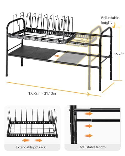 HULISEN Pots and Pans Organizer Under Cabinet, 2-Tier Expandable Pot Rack | 10 Dividers for Lid Separation, 5-Level Adjustable Height, Kitchen Cookware Pan Holder Shelf, Carbon Steel Frame