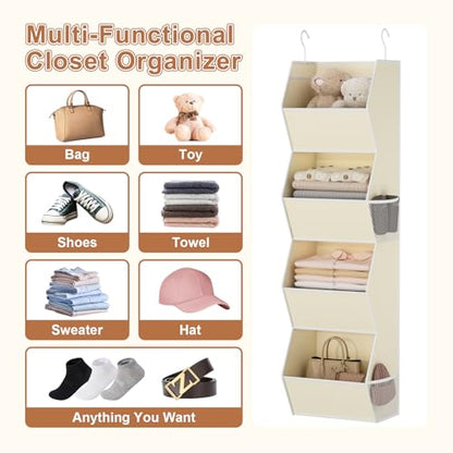 Hanging Closet Organizer 4 Shelf Collapsible Fabric Closet Organizers and Storage Hanging with Mesh Pocket for Clothes, Hanging Wardrobe Organizers and Storage for Sweater T-Shirt Shoes Toys, Beige
