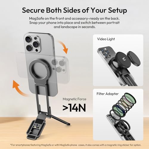 ULANZI MA38 Magnetic Phone Tripod for iPhone, Phone Holder for iPhone 17 | N52 Magnet, Back Magnet Base, Arca QR Base, Foldable Hook w 1/4'' Screw for Tripod Selfie Gym Travel Essentials Accessories