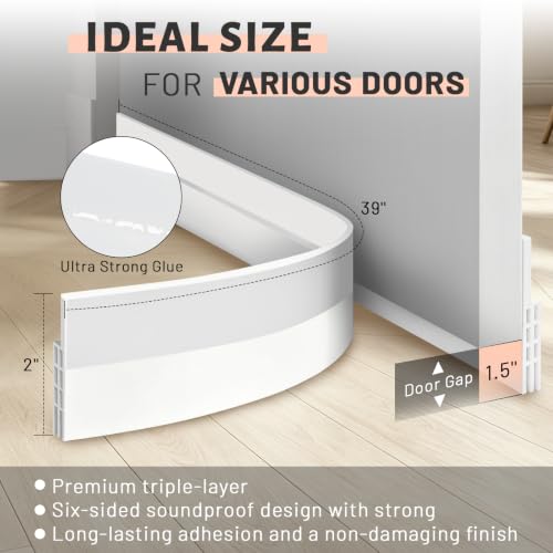 4 Pack Door Draft Stopper, 2" W x 39" L Silicone Door Sweep, White | Self Adhesive Weather Stripping for Interior Exterior Doors, Garage Window Noise Blocker, Cold Air Insulation Draft Guard