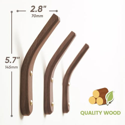 Wood Hooks Wall Mounted Minimalist Natural Real Walnut (2 Pack) | Easy Install, Hanging Towel Hat Coat Bag Cap Clothes Robe, Bathroom, Entryway, Mid Century Modern, Rustic, Boho, Decor