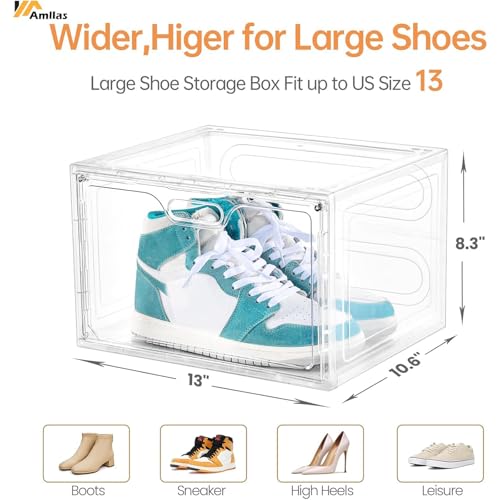 8 Pack Shoe Boxes Clear Plastic Stackable, Large Shoe Storage Organizer with Lids,Drop Side Shoe Containers for Entryway,Sneaker Storage Fit up to US Size 13 (13’’x 10.6”x 8.3”)