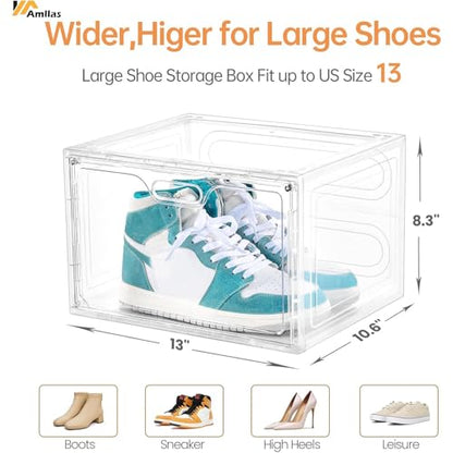 8 Pack Shoe Boxes Clear Plastic Stackable, Large Shoe Storage Organizer with Lids,Drop Side Shoe Containers for Entryway,Sneaker Storage Fit up to US Size 13 (13’’x 10.6”x 8.3”)