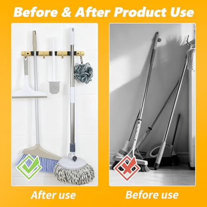 3 Racks and 4 Heavy Duty Hooks Mop and Broom Holder Wall Mount, Non-slip Organizer Storage Utility Tool Racks for Garage,Kitchen,Laundry Room,Garden. Gold