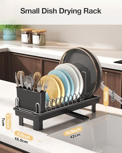 Small Dish Drying Rack Carbon Steel Dish Rack Rustproof for Kitchen Counter Compact Dish Drainer with Adjustable Slots for Small Kitchens & Apartments 16.5×6.5×7inch Black