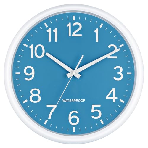 Caysie 16 Inch Sealed Large Outdoor Clock Waterproof, Silent Battery Operated Weatherproof Wall Clocks for Pool Patio Outside Home (White Blue)
