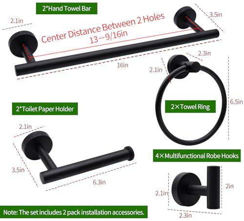 10pcs Matte Black Bathroom Hardware Set | Including 16" Hand Towel Bars, Toilet Paper Holders, Towel Rings, Towel Hooks