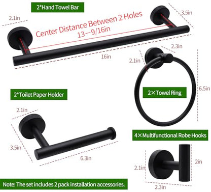 10pcs Matte Black Bathroom Hardware Set | Including 16" Hand Towel Bars, Toilet Paper Holders, Towel Rings, Towel Hooks