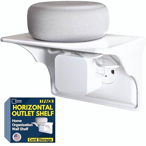 Power Perch Horizontal Outlet Shelf Organizer for Alexa Echo Dot Speakers, Phone - Wall Outlet Holder with Cord Storage Strap - Socket Shelf Bathroom Kitchen Counter Charging Station - White 1 Pack