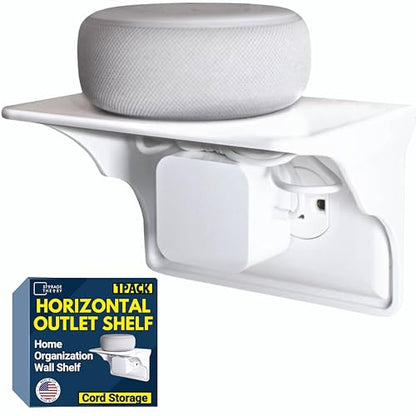 Power Perch Horizontal Outlet Shelf Organizer for Alexa Echo Dot Speakers, Phone - Wall Outlet Holder with Cord Storage Strap - Socket Shelf Bathroom Kitchen Counter Charging Station - White 1 Pack