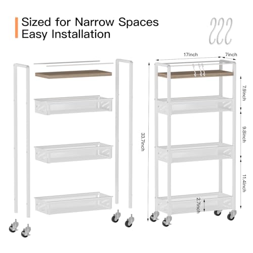 DGSNADGO Slim Rolling Storage Cart, 4-Tier Narrow Kitchen Cart with Wheels | Metal Mobile Snack Shelving, Skinny Rolling Spice Rack for Small Space in Kitchen, Living Room, Bathroom, Beige and White