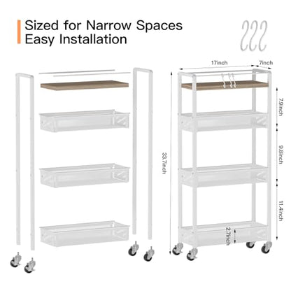 DGSNADGO Slim Rolling Storage Cart, 4-Tier Narrow Kitchen Cart with Wheels | Metal Mobile Snack Shelving, Skinny Rolling Spice Rack for Small Space in Kitchen, Living Room, Bathroom, Beige and White