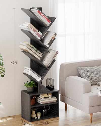 SUNMORY 6 Tier Tree Bookshelf, Tall Small Bookcase with Storage Cabinet | Modern Narrow Bookshelves Organizer, Floor Standing Book Case Shelf for Bedroom Living Room Home Office Corner, Black