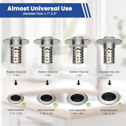 Universal Bathroom Sink Drain Strainer Hair Catcher, Brushed Nickel | Upgraded with Removable Stainless Steel Filter Basket, 3 in 1 Pop Up Sink Stopper for 1.1''~2.36'' Sink Basin Hole