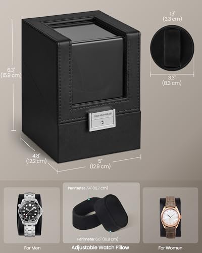 SONGMICS Automatic Single Watch Winder Box with Quiet Motor, for Automatic Watches, with LED Light, Adjustable Pillow, Lock, 4 Winding Settings, Includes a USB-C Charging Cable, Black UJWB030B01