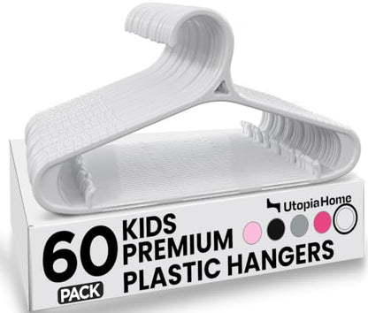 Utopia Home Kids Hangers 60 Pack – 11 Inch Non-Slip Baby Hangers White | Non-slip shoulder grooves | Strap hooks | Pants bar | Ideal for children's & infant clothes