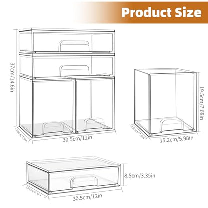 Baby Bottle Organizer, 4 Pack Stackable Storage Drawers with Labels, Clear Station Organizers Container for Pacifiers, Pump Parts, Desk Organizer Bins for Bathroom, Cabinet, Pantry, Vanity, Countertop
