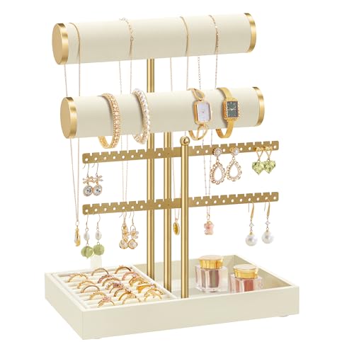 SONGMICS Bracelet Holder Stand, Jewelry Display Stand, Jewelry Organizer, with 2 Tiers and Velvet Tray, Earring Organizer, Removable Ring Holder, Cream White and Pale Gold UJJS046W101