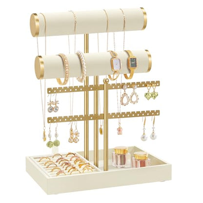 SONGMICS Bracelet Holder Stand, Jewelry Display Stand, Jewelry Organizer, with 2 Tiers and Velvet Tray, Earring Organizer, Removable Ring Holder, Cream White and Pale Gold UJJS046W101
