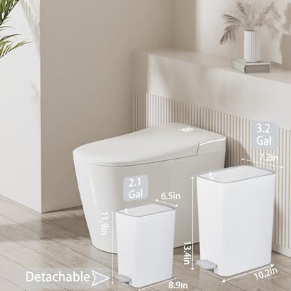 Small Bathroom Trash Can with Lid, 2.1 Gallon Slim Step Trash Can, White | Mini Garbage Can with Handle for Bedroom, Office, Dorm, Narrow Plastic Wastebasket with Soft Close Pedal for Small Spaces
