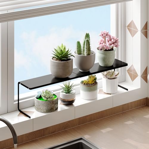 Extendable Small Narrow Shelf for Windowsill Kitchen, Spice Rack Organizer | Black, 1pc, Stackable, Tall Windowsill Plant Shelf, For Narrow Space Countertop Storage, Sturdy & Durable, Holds Up to 33 lbs