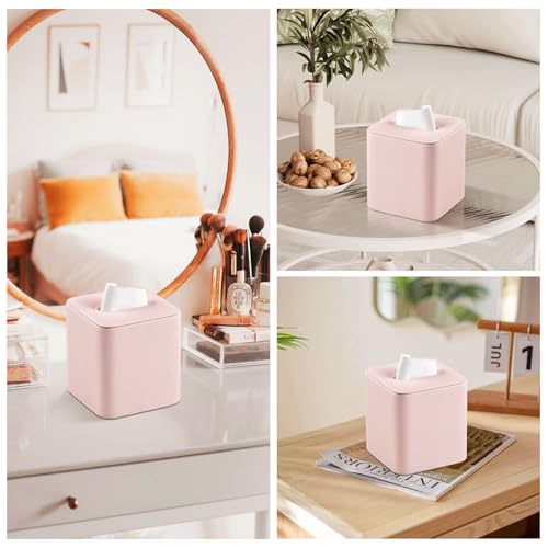 PU Leather Tissue Box Cover Square Tissue Box Holder, Pink | Magnetic Closure, Rounded Edges, Fits All Standard Cube Tissue Boxes, Decorative Tissue Holder for Living Room Bedroom Office