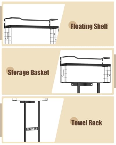 Aetyord Towel Racks for Bathroom 31inch Wall Mounted Towel Rack,Floating Shelf with Wood Plank,Towel Storage for Bathroom can Holds 6 Large Rolled Towels,All Black