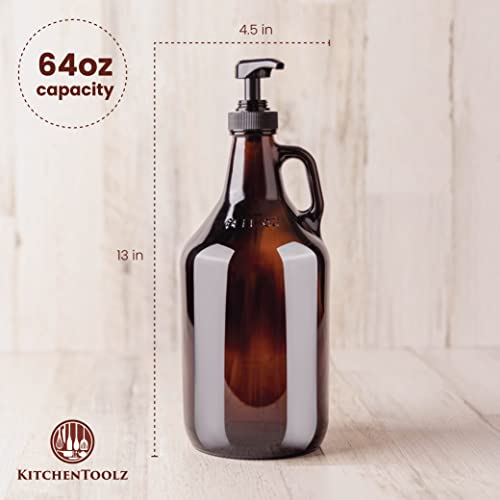 Large Amber Pump Bottle for Salons, Shampoo, Conditioner, Hair Serum, Gel - Half Gallon Glass Jug Pump Dispenser - 64 oz Capacity - Pack of 1- by Kitchentoolz
