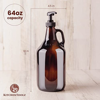 Large Amber Pump Bottle for Salons, Shampoo, Conditioner, Hair Serum, Gel - Half Gallon Glass Jug Pump Dispenser - 64 oz Capacity - Pack of 1- by Kitchentoolz