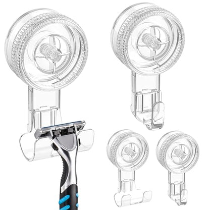 LUXEAR Suction Hooks,4 Pack 2razor Hooks 2 Single Hook Clear Removable & Reusable Vacuum Suction Hanger Waterproof Powerful Weather Hanger Hook for Towel Bathrobe Loofah Bathroom Kitchen Storage