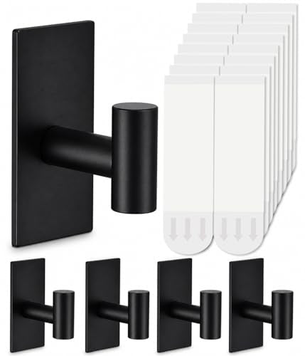 5 Pcs Towel Hooks Heavy Duty for Hanging，Adhesive Wall Hooks with Removable Strips，Sticky No Damage，Outdoor for Bathrooms，Shower，Stockings，Decor，Robe，X-Large，Black 304 Stainless Steel