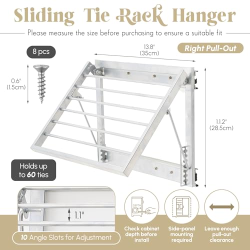 Blulu 13.8'' Sliding Tie Rack for Closet(Right Pull-Out), 60 Tie Pull Out Belt Hanger Wall Mounted Extending Metal Belt Organizer,Sliver
