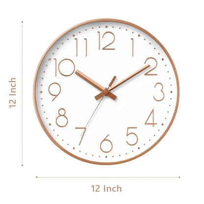 DAXSMY Wall Clock 12 Inch Rose Gold Decorative, Battery Operated Silent | Round; bold 3D numbers easy read; silent non-ticking; battery Operated, 1 AA not included; for bathroom, Living room