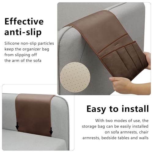 Remote Control Holder for Armchair Caddy, Remote Holder with 5 Pockets | Couch TV Remote Holder with Non-Slip Base, Bedside Caddy Organizer for Key Glasses Phone Magazine (Brown, 35"x12.4")